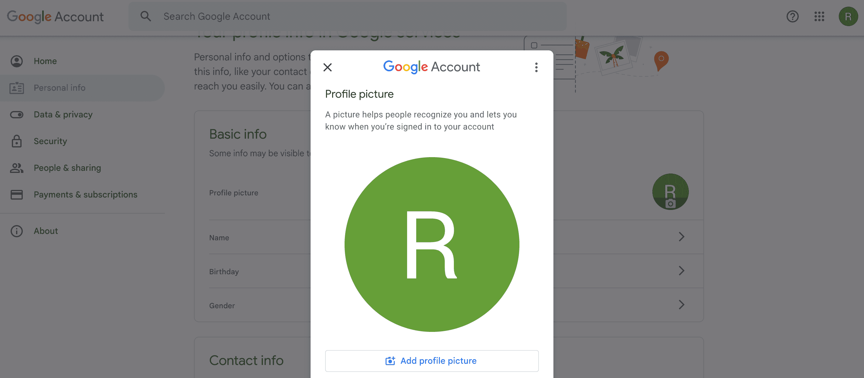 Screenshot of setting your avatar in Gmail