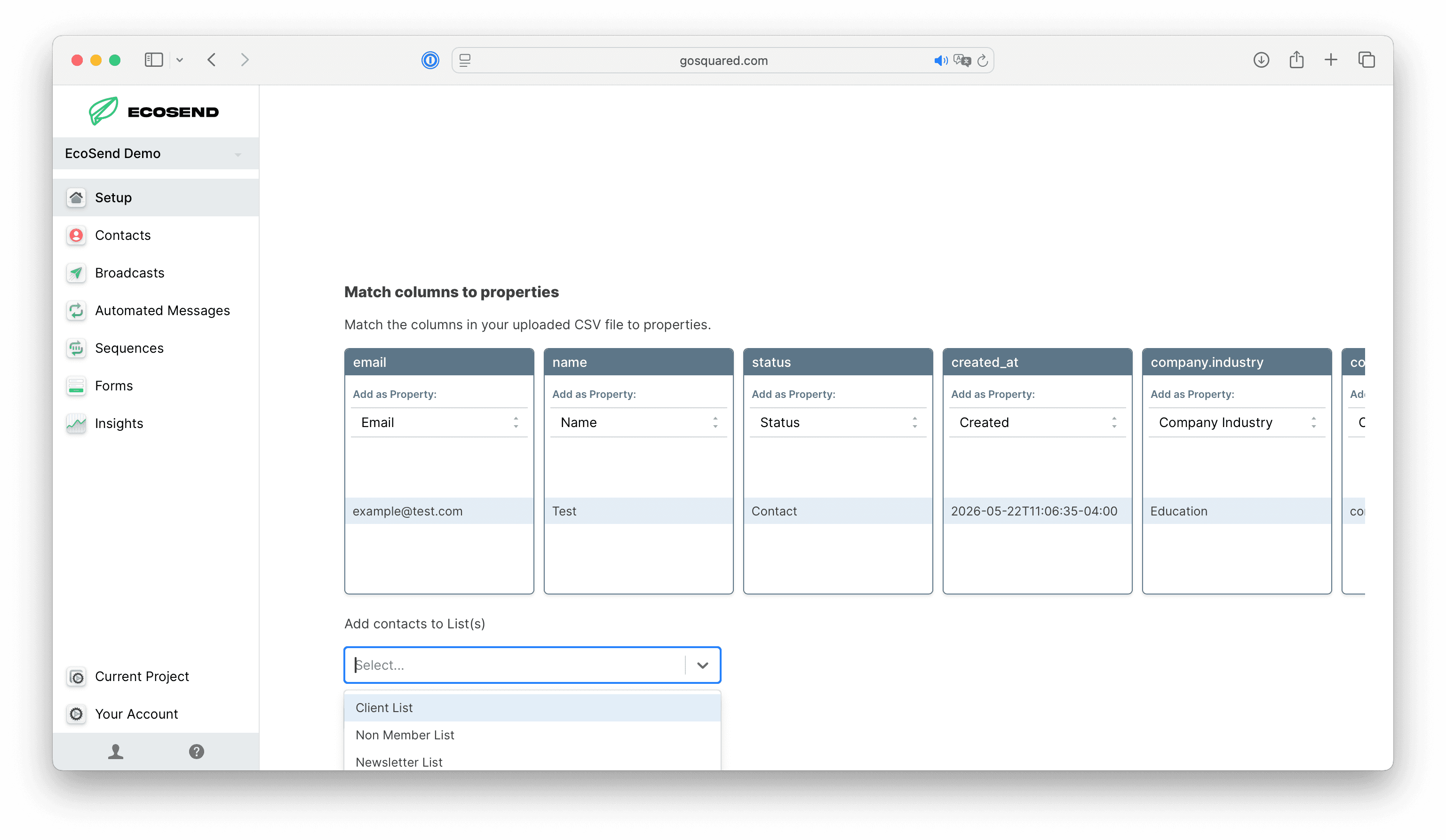 Uploading contacts onto a List