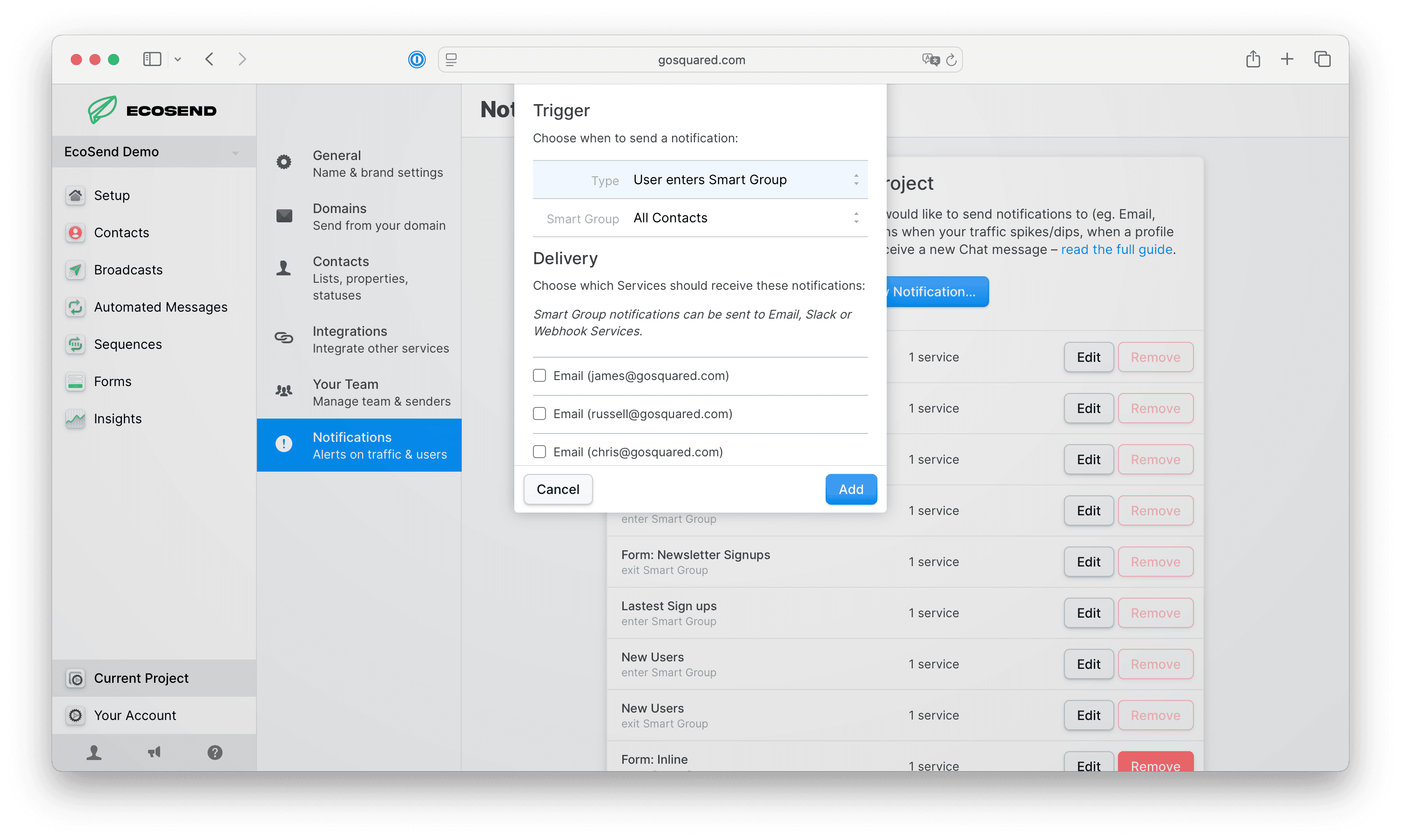 Adding a notification in EcoSend