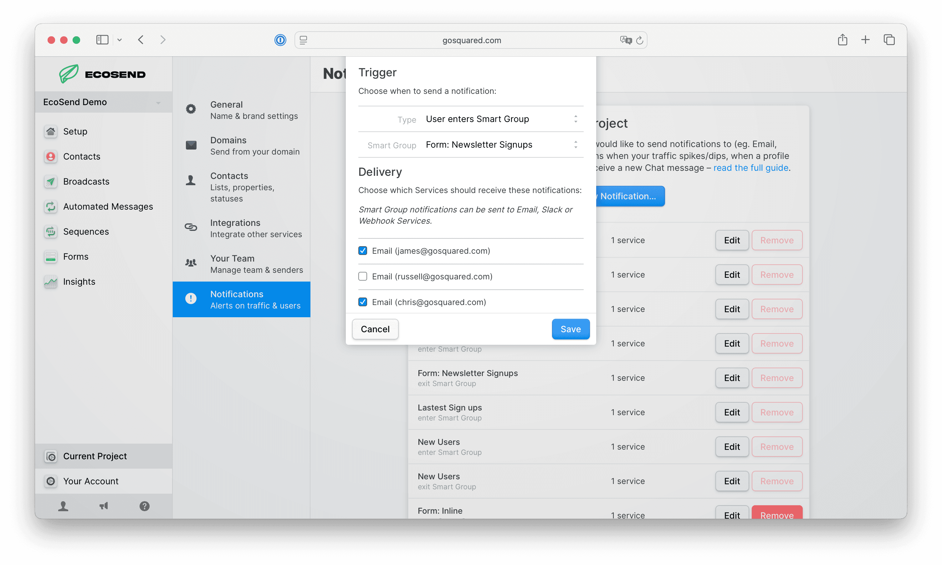 Adding a notification in EcoSend