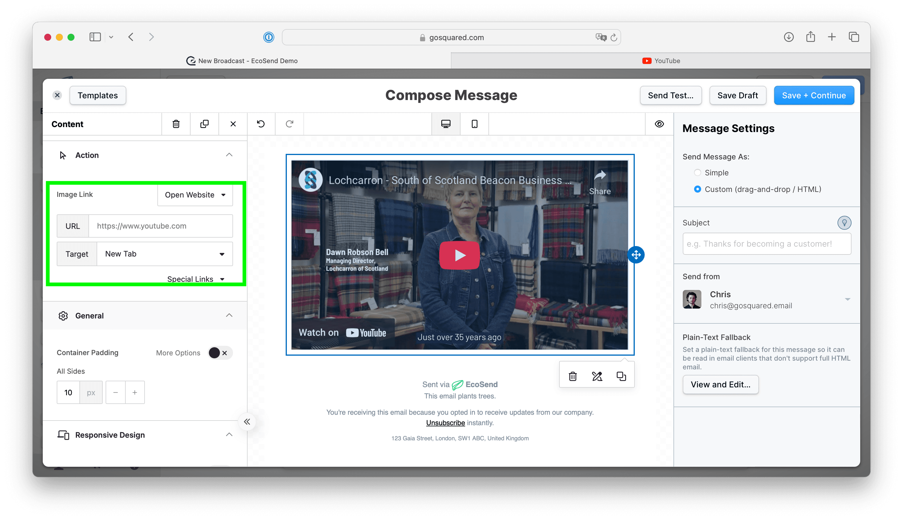 Example of a video image embed in EcoSend's drag & drop email editor